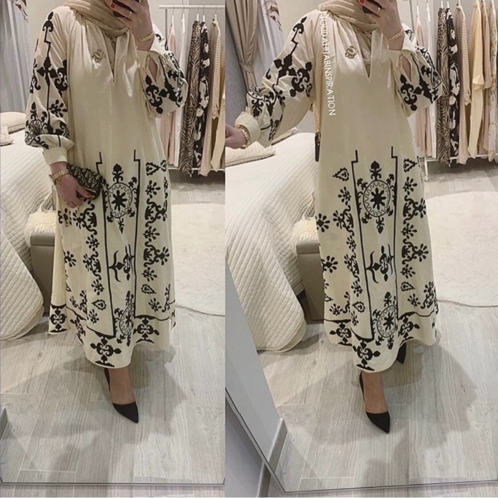NWT H&M Trend Oversized Embroidered Kaftan Boho Light Beige Cotton Dress Kaftan - Picture 9 of 10